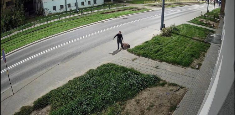Kadr z kamery monitoringu przedstawiający osobę w ciemnym ubraniu, która ciągnie po chodniku ciało martwego psa wzdłuż ulicy i torowiska tramwajowego w Elblągu