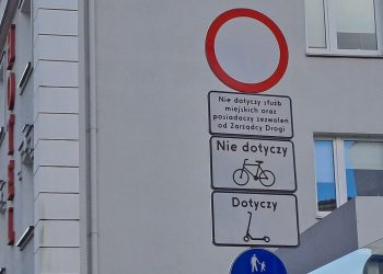 Znak zakazu jazdy hulajnogami elektrycznymi
