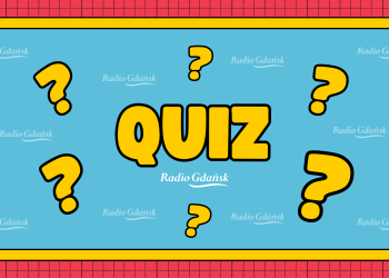 Napis quiz i znaki zapytania, zapowiadający quiz z języka kaszubskiego.