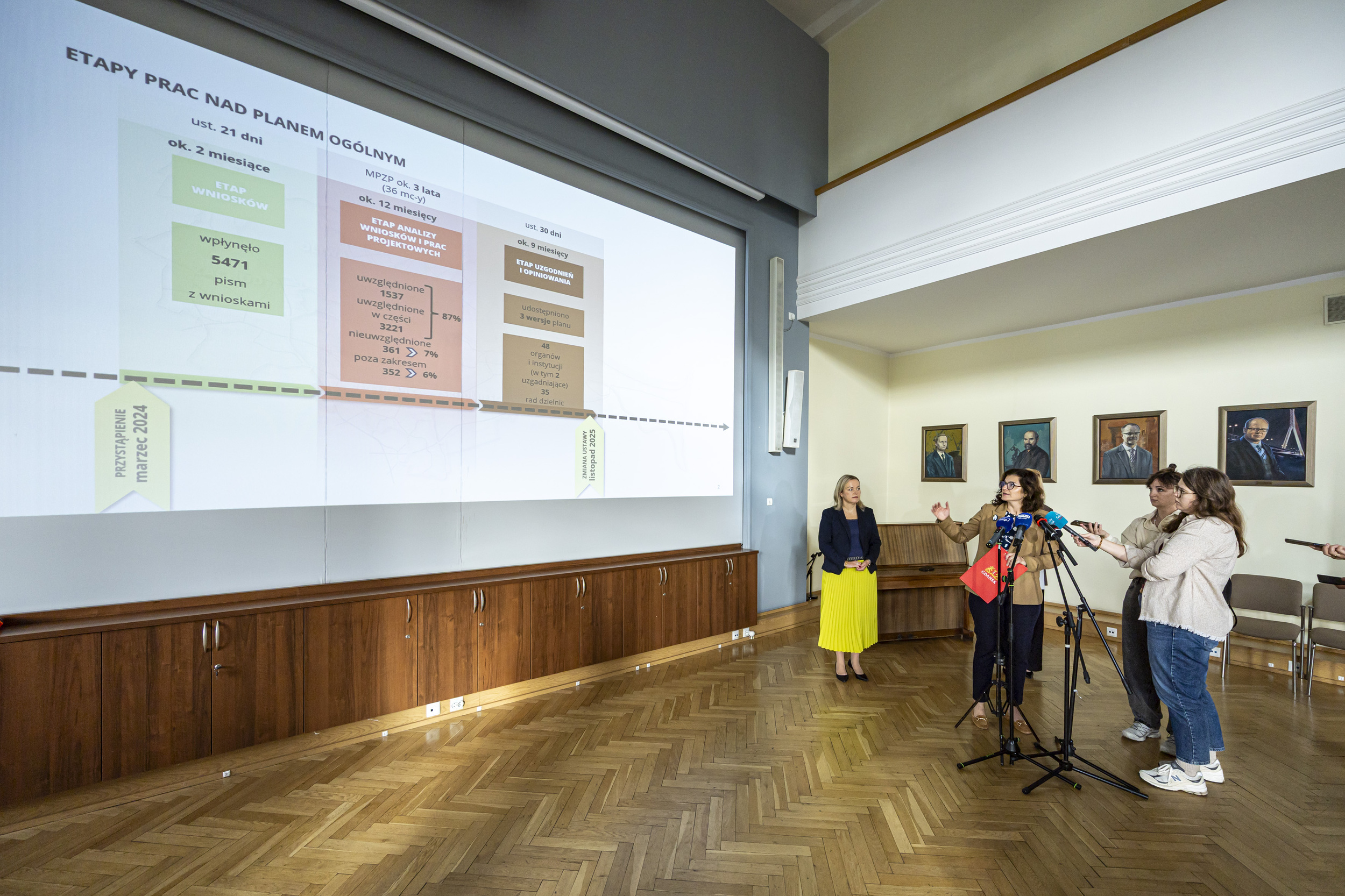Sala konferencyjna z dużym ekranem projektora wyświetlającym slajd „Etapy prac nad planem ogólnym”. Po prawej stronie prezydent Gdańska Aleksandra Dulkiewicz z czerwoną teczką w dłoni mówi do mikrofonów dziennikarzy. Obok ekranu stoi kobieta w ciemnym żakiecie i żółtej spódnicy, a na ścianie wiszą portrety